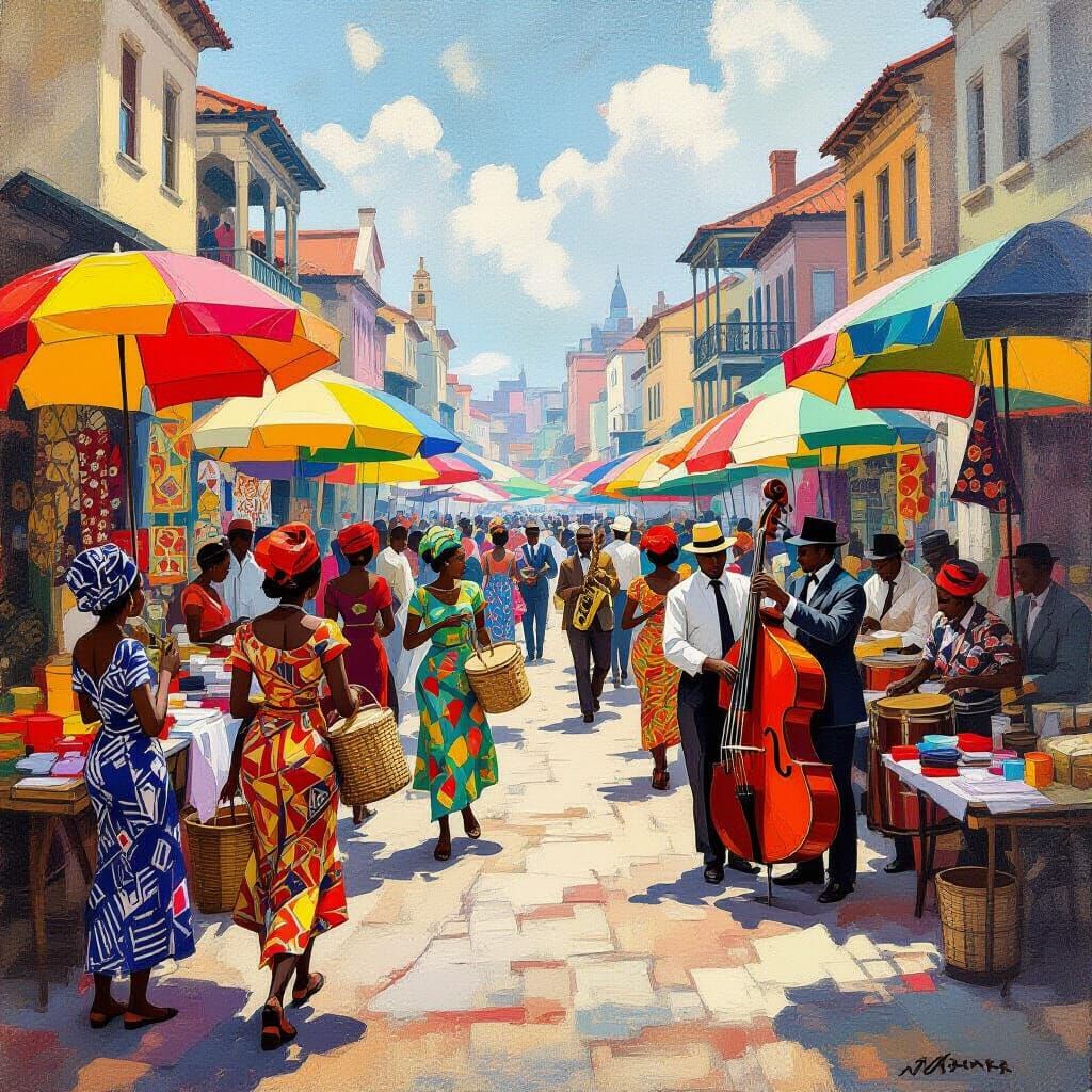 Vibrant African Marketplace in Harlem Renaissance Style