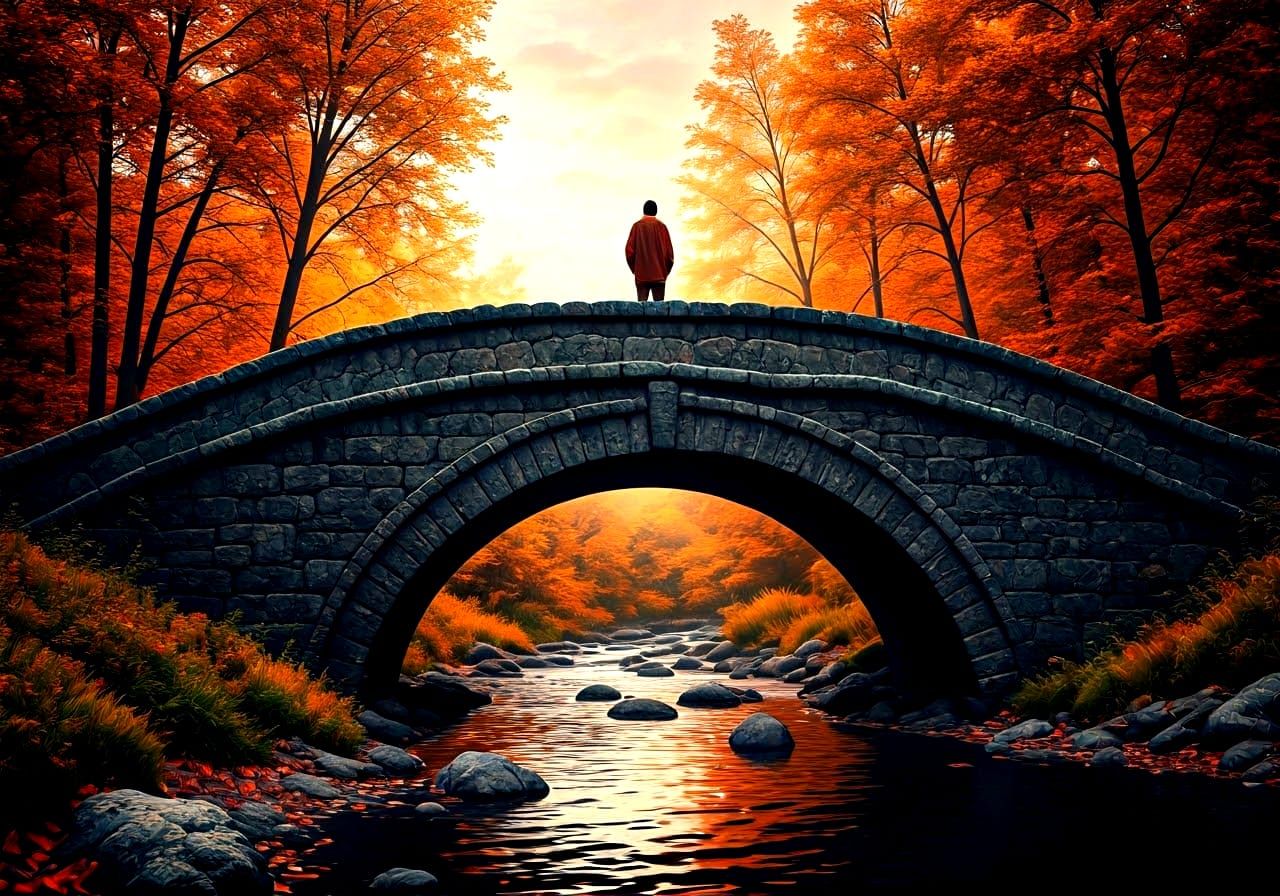 Panoramic Autumn Bridge at Sunset