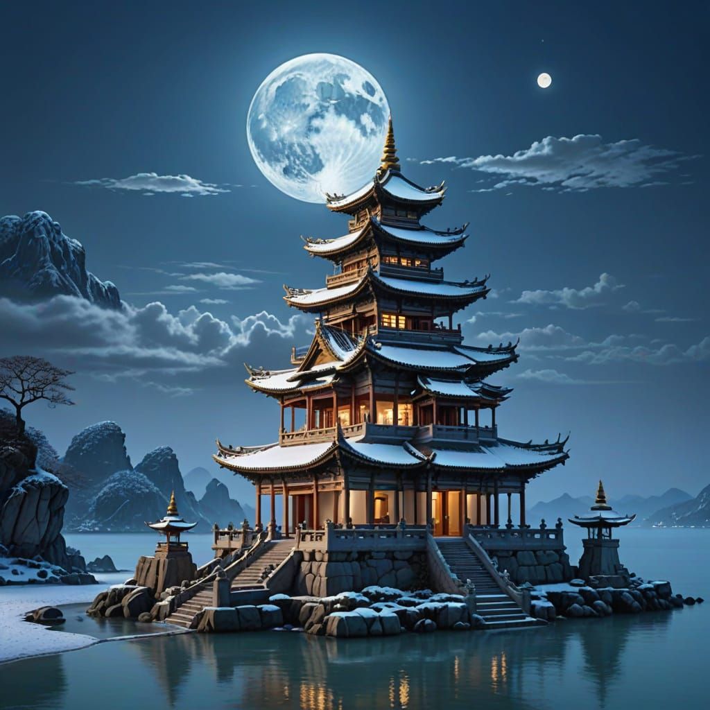 Stone Face Archway Frames Island Pagodas in Ethereal Twiligh...