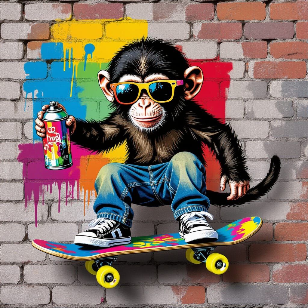 Baby Monkey Skateboarder Spray Painting in Basquiat Style