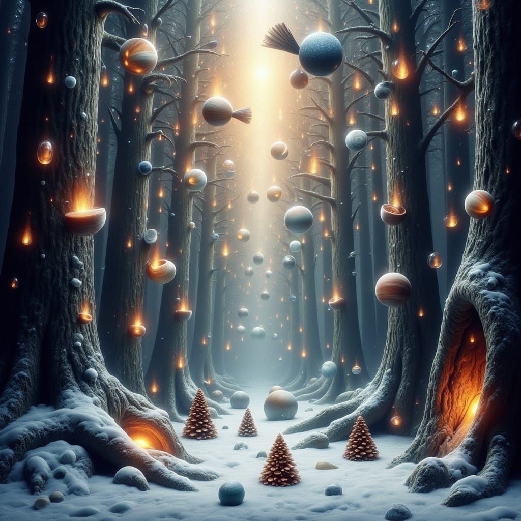 Snowy Cedar Forest in Astral Holographic Style