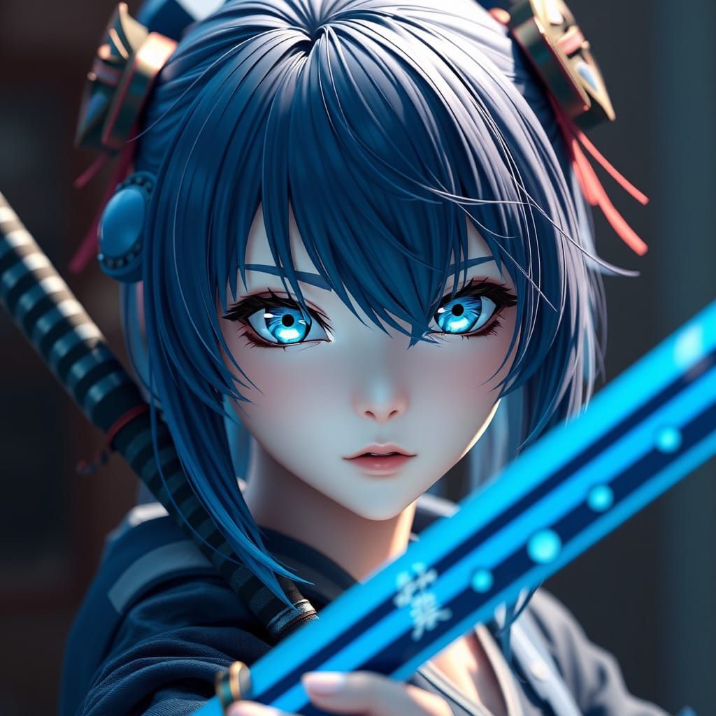 Surreal Anime Warrior Reveals Elegant Blade in Navy Blue Hai...