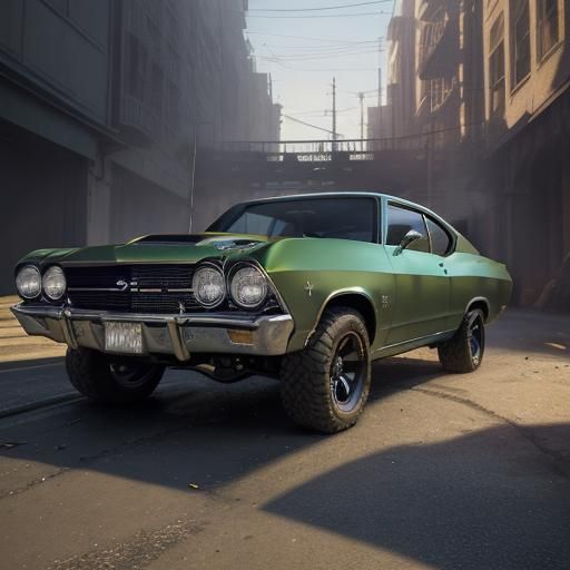 Custom Chevelle With Army Tracks, Dark Fantasy Art