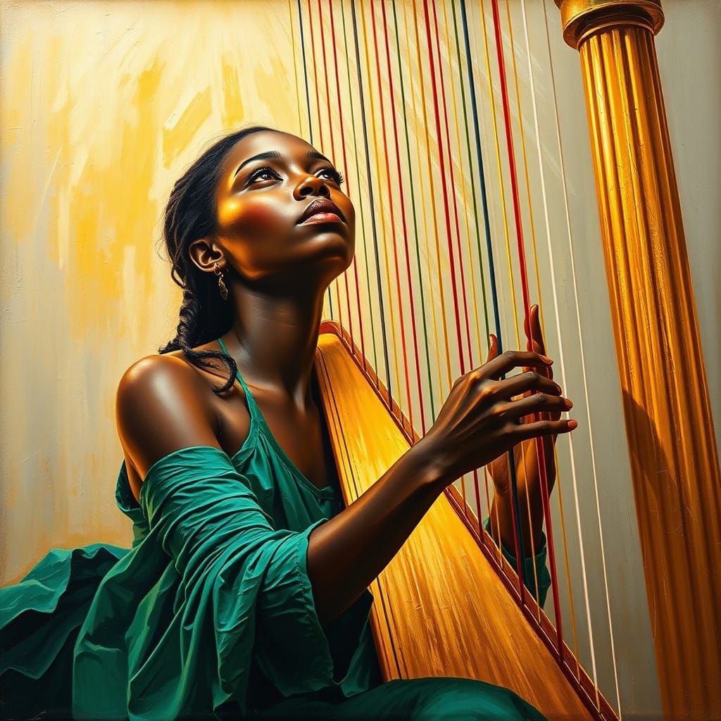 Blind Harpist in Neo-Impressionist Oil Painting