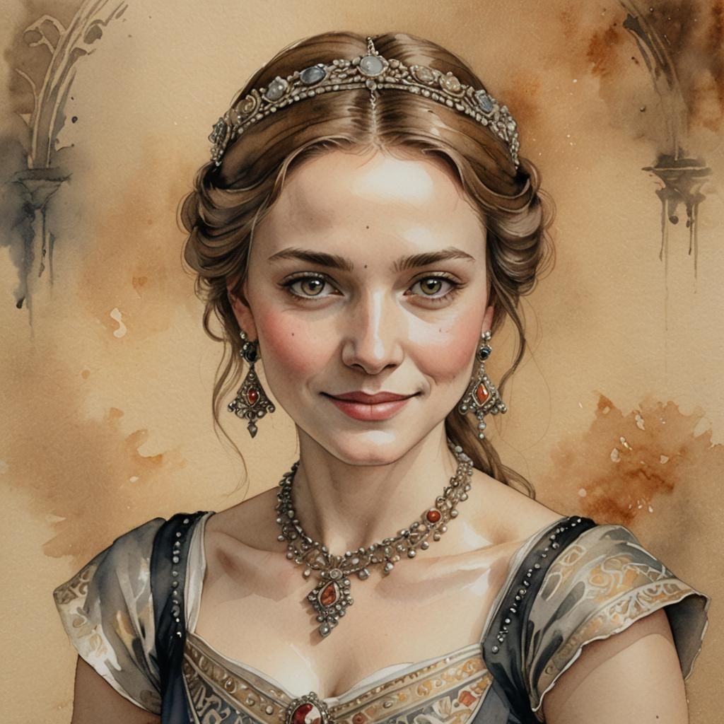 Renaissance Woman Portrait in Watercolor and Charcoal