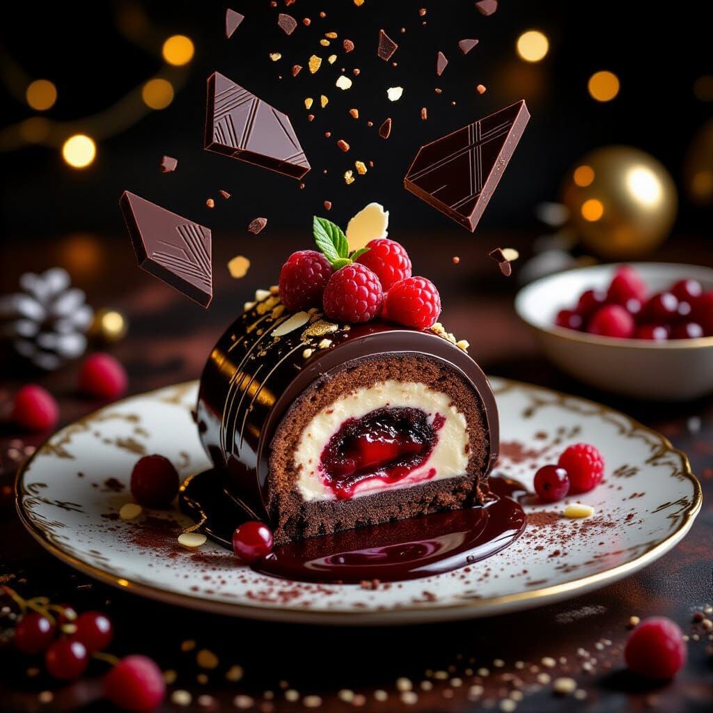 Luxurious Levitating Yule Log Dessert in Retro Style