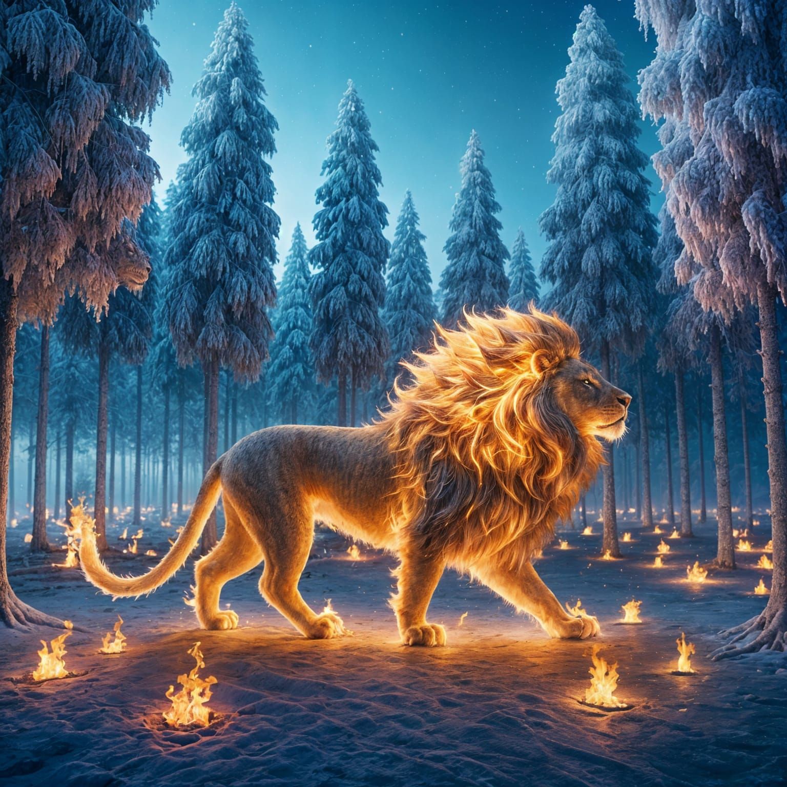 Fiery Lion in Frozen Forest: A Dreamlike Scene