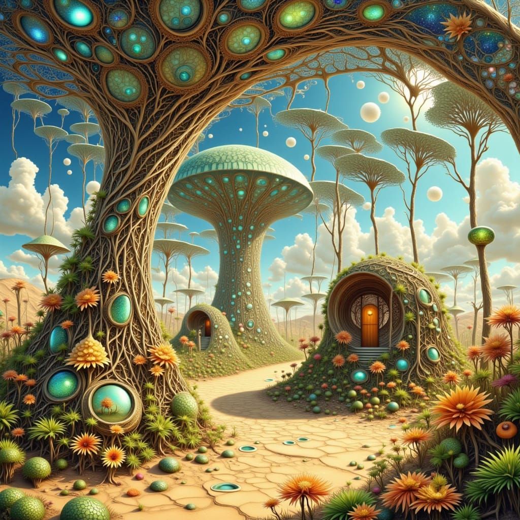 Surreal Desert Village with Solar Arrays in Mixed Media Styl...