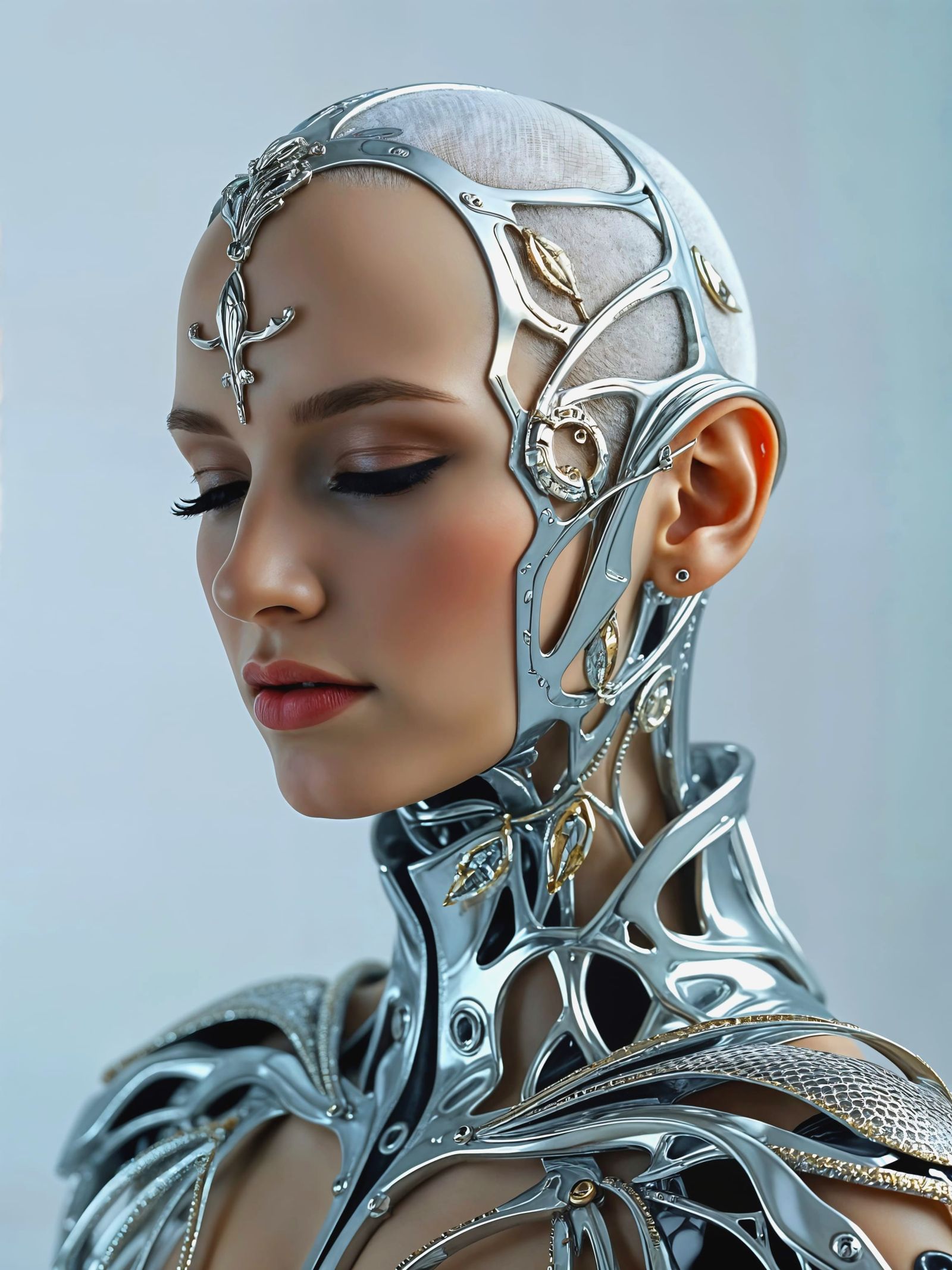 Serene Futuristic Woman in Biomechanical Armor