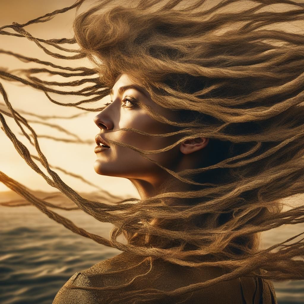 optical illusion,a sailing ship floats at sea.
The sail is merged with a woman as a portrait. The hair blows dynamically...