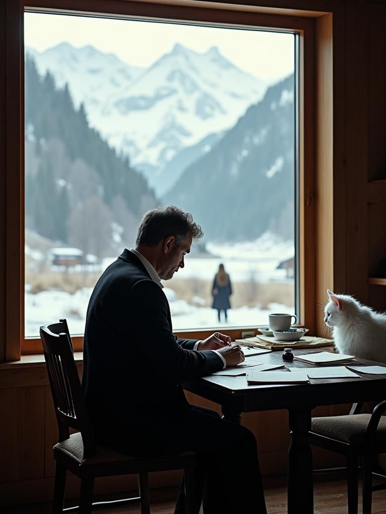 Man and Cat Writing Letters with Mountain View