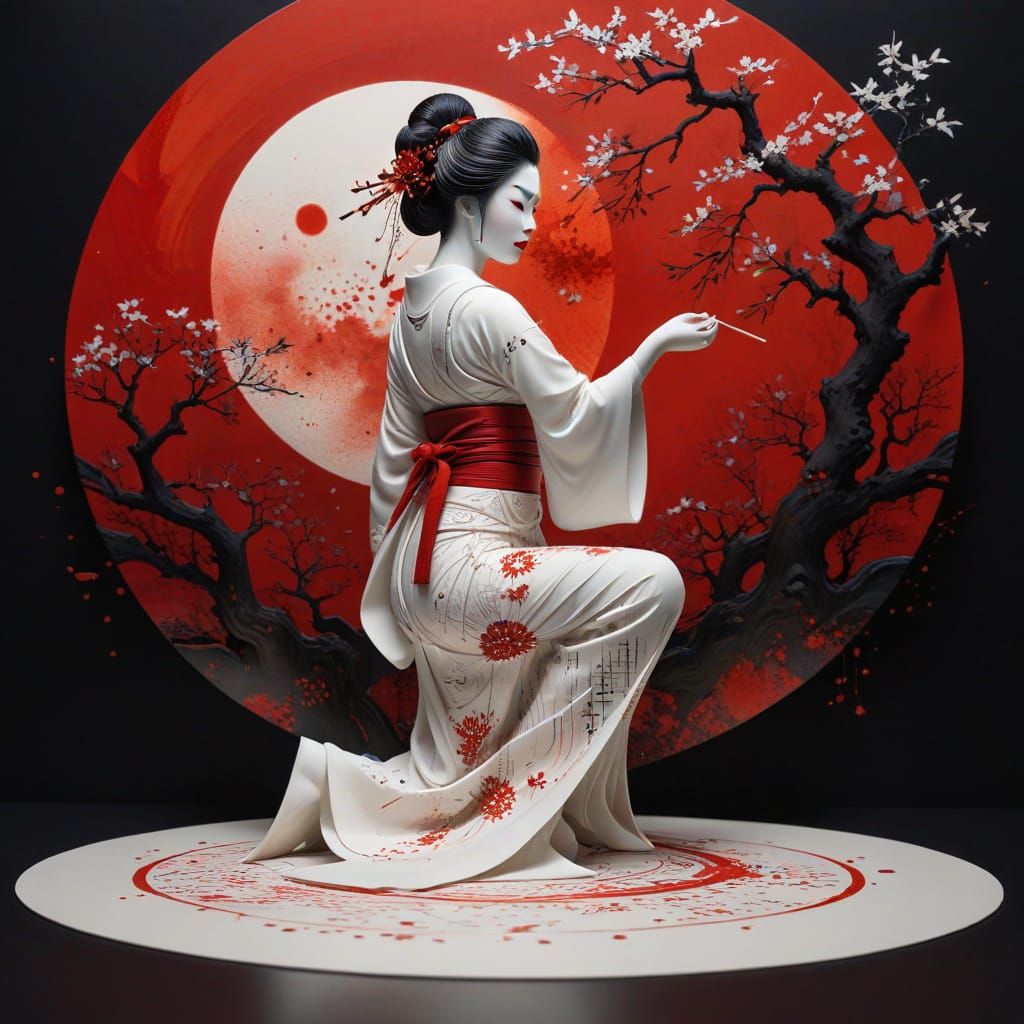 Porcelain Geisha Practices Calligraphy Amidst Kirigami Art