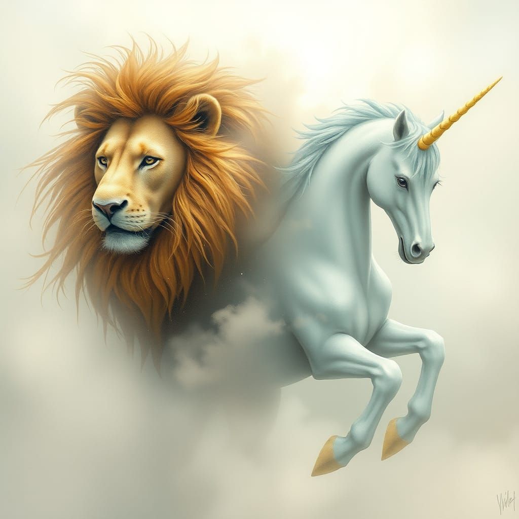 Ethereal Lion and Unicorn in Misty Dreamscape