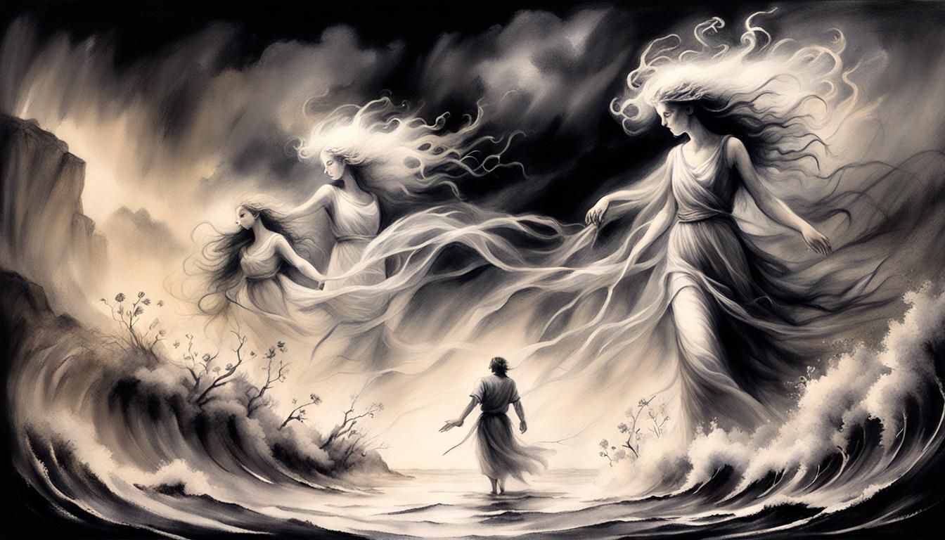 Aphrodite and Ares: Passionate Beach Romance in Charcoal