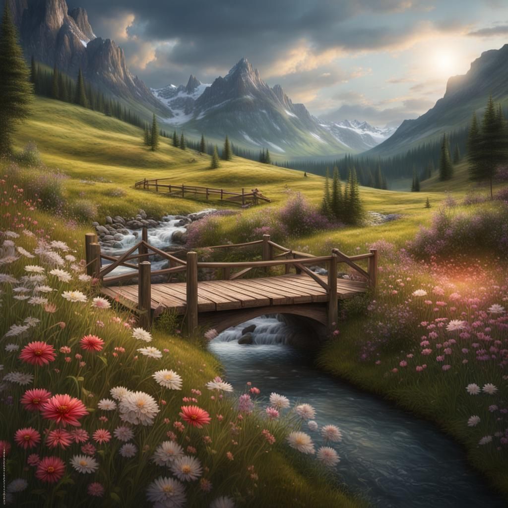 Idyllic Mountain Meadow with Stream: Digital Matte Painting