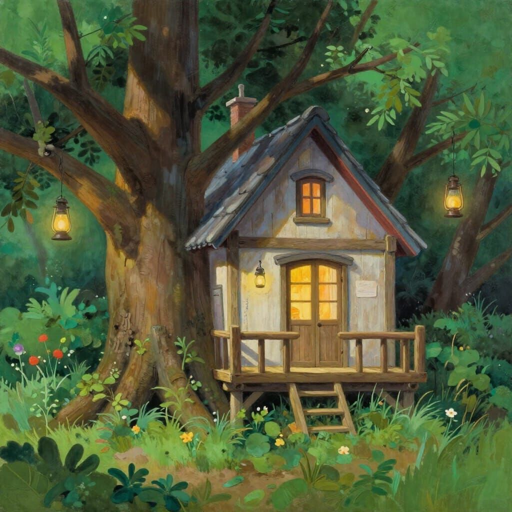 Cozy Treehouse in Ancient Oak, Warm Afternoon Light