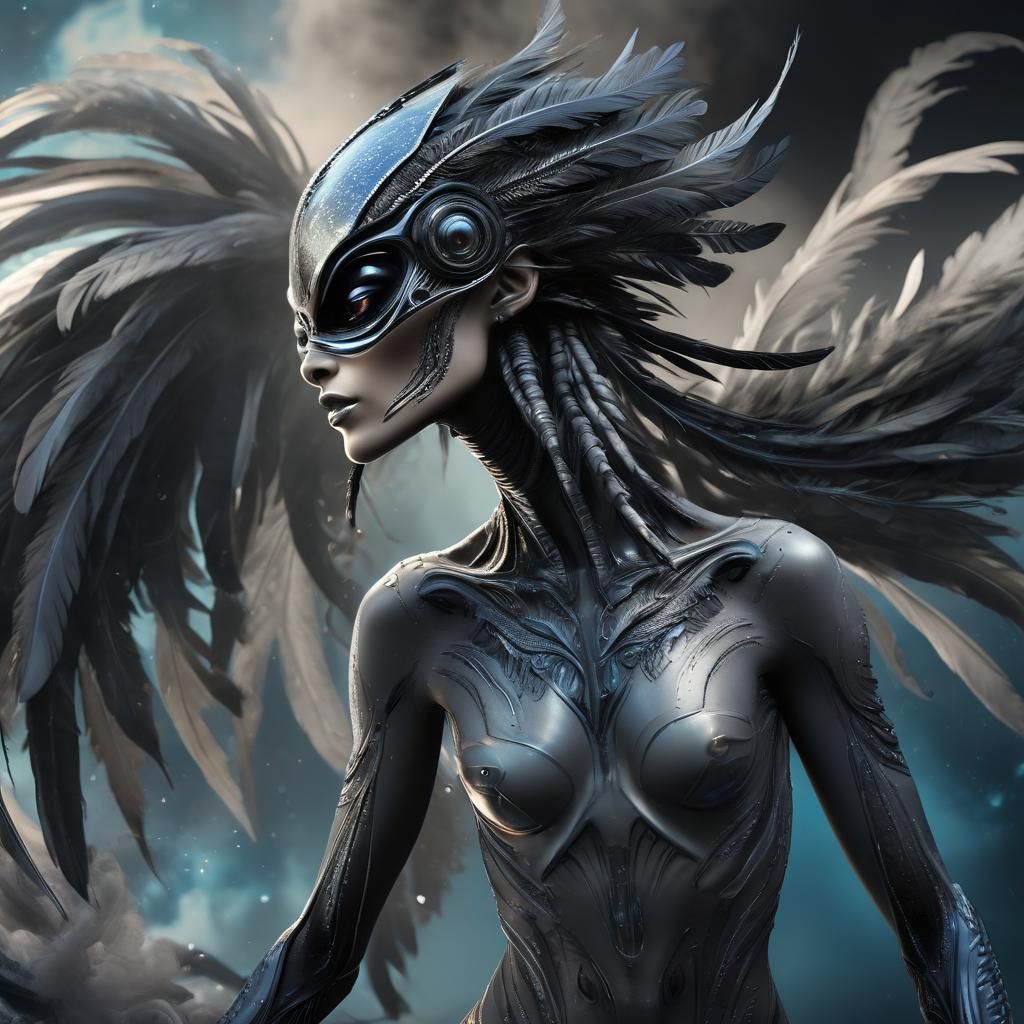 Futuristic Alien with Iridescent Feathers in 3D Digital Art