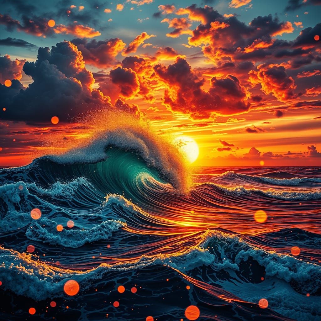 Waves and Storms at Sunset: A Woodcut Inspired Vision