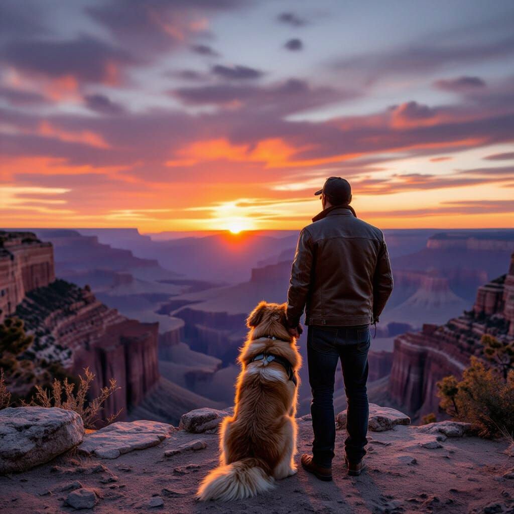 Man and Dog at Grand Canyon: Black and White Photography