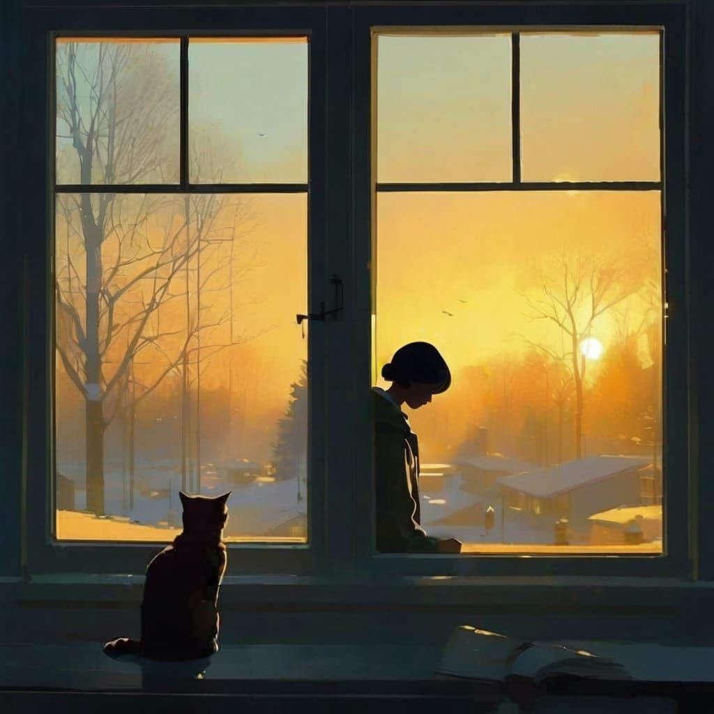 Warm Evening Window Scene with Woman's Silhouette