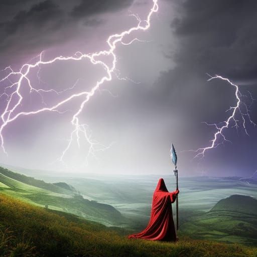 Wizard Casts Fiery Spell During Thunderstorm