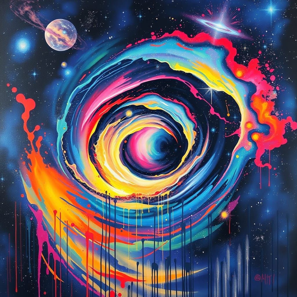 Galactic Cosmic Wormhole in Vibrant, Expressive Oil Gouache