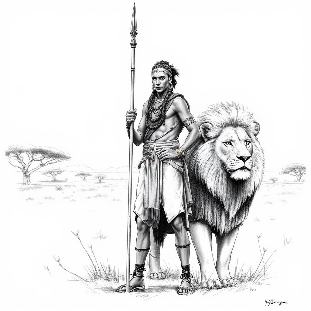 Masai Warrior and Lion in Black and White Sketch