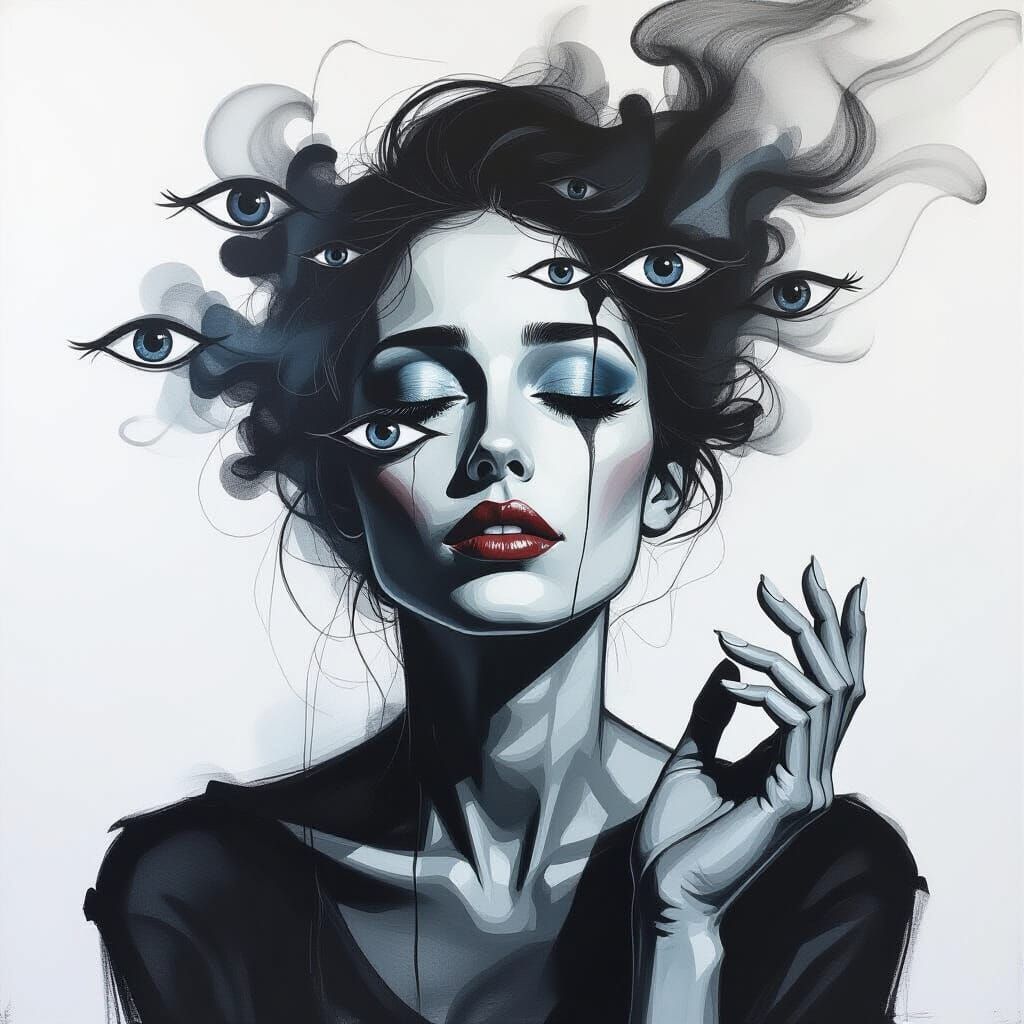 Woman Dissolving into Mist: Expressive Charcoal Art