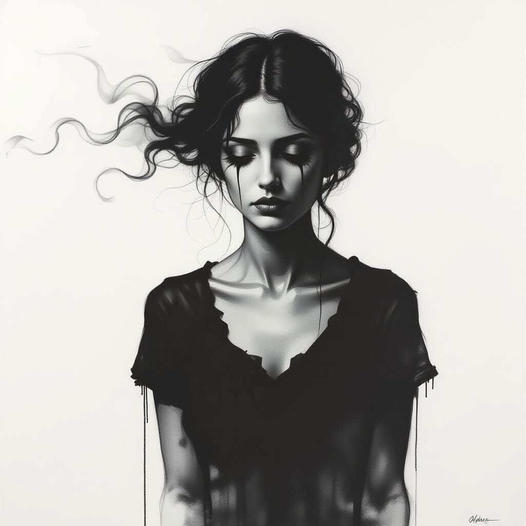 Woman's Silhouette Dissolving in Charcoal Style