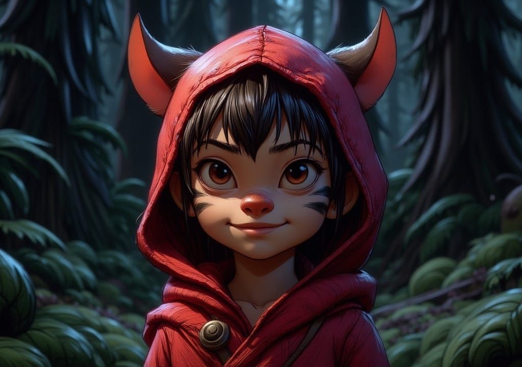<lora:Pro Re Nata:1.0>long eared hero in the style of Pixar :: Little Red Riding hood and the wolf, deep dark forest set...