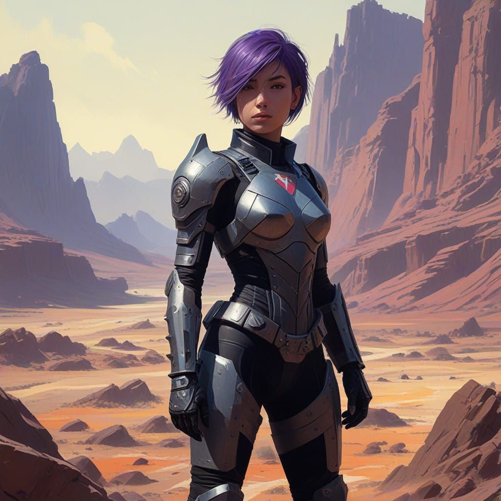 Surreal Cyberpunk Heroine Against Desert Landscape