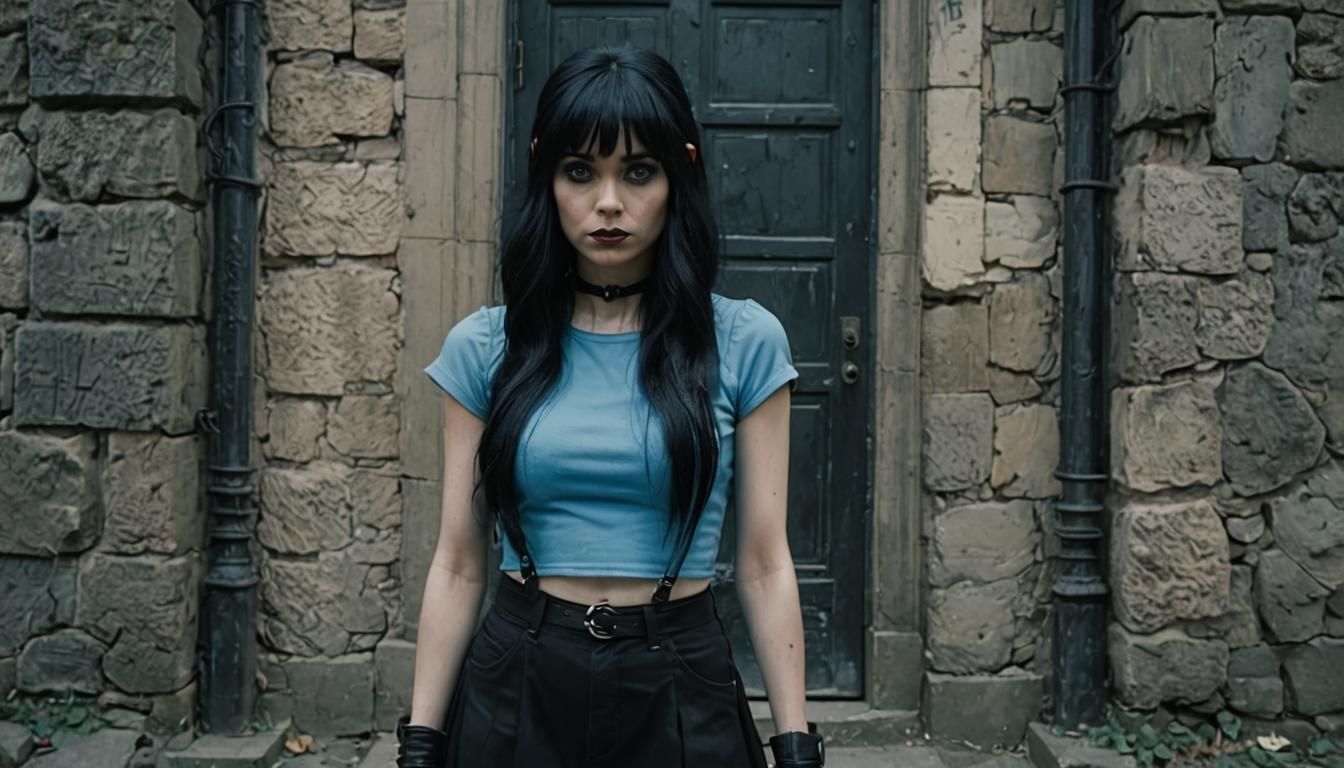 Cartoon character Smurfette with black hair and wearing Emo / Goth Clothes