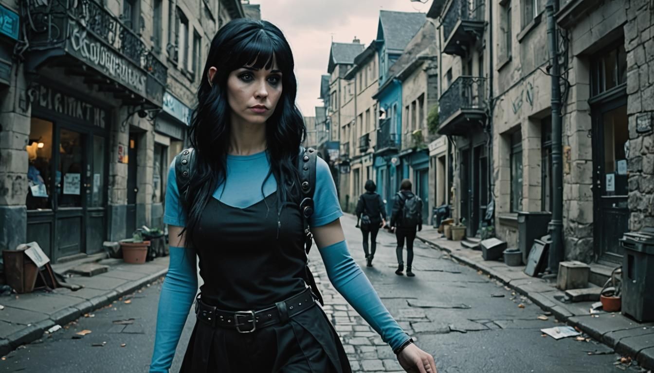 Cartoon character Smurfette with black hair and wearing Emo / Goth Clothes
