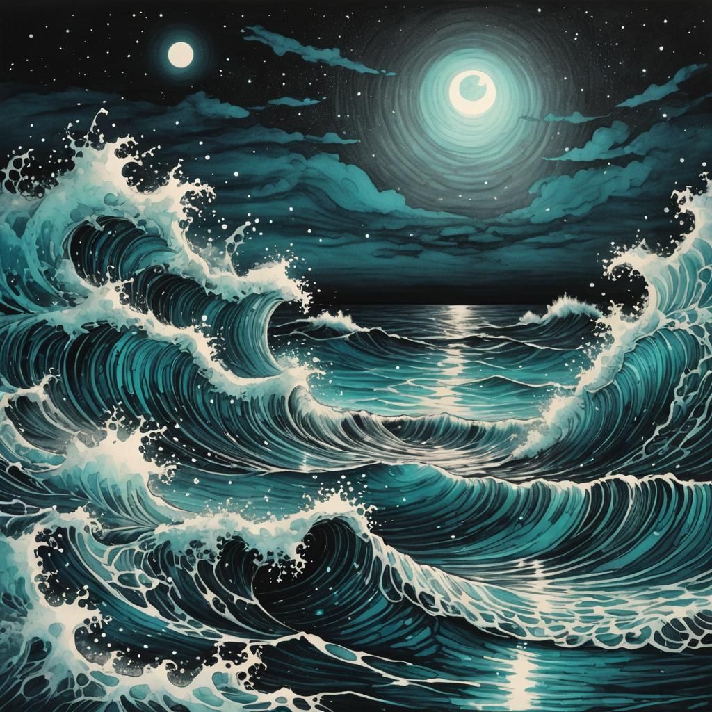 Bioluminescent Ocean Waves at Night: Ink Drawing
