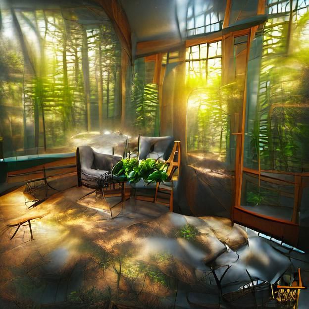Sunlit Sunroom in Deep Forest: Hyperrealistic 3D Render