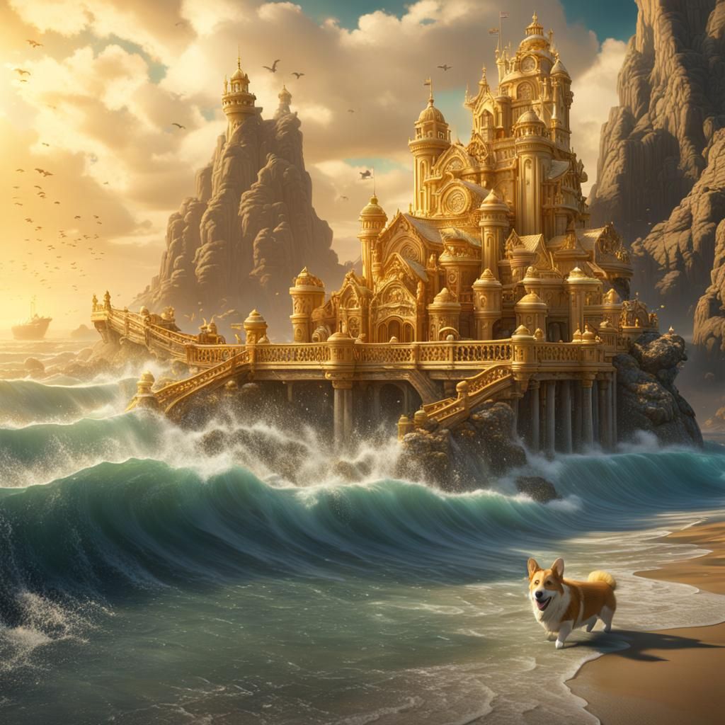Corgi on Golden Beach: Detailed Fantasy Art