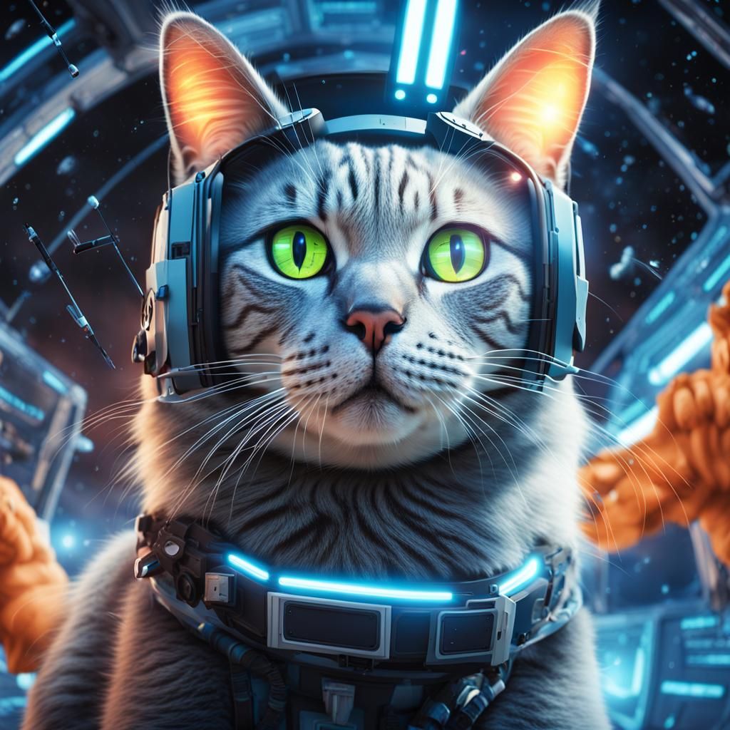 Virtual reality image of a cat in cyberspace inside a space station detailed matte painting