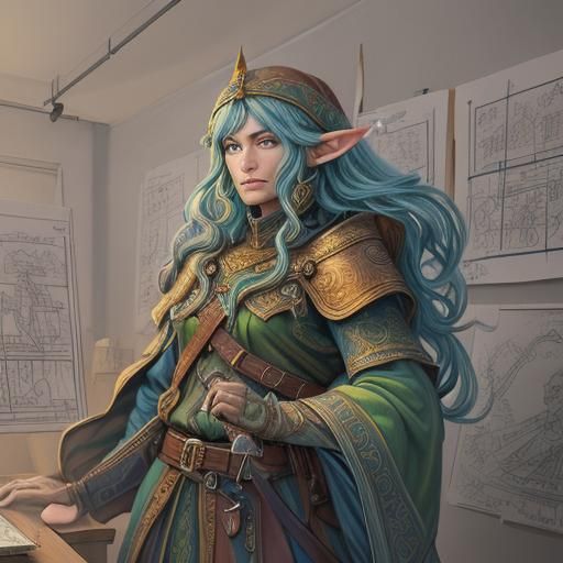 Elven Teamwork in Planning Room, Soft Pencil Sketch