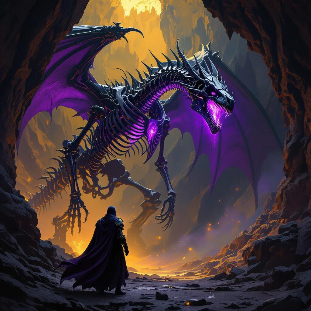 Skeleton Dragon Over Warrior in Dark Fantasy Style