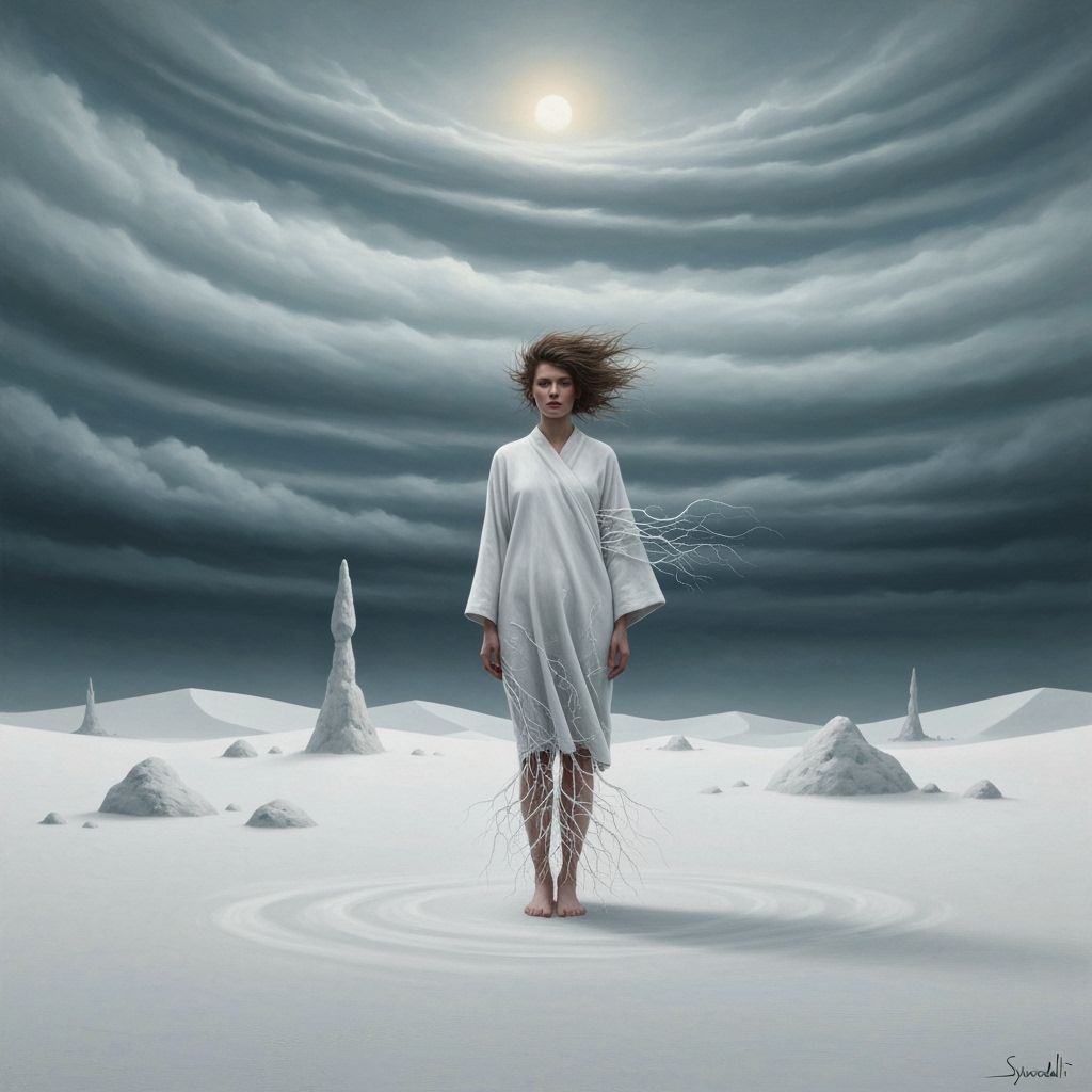 Surreal Woman in White Desert, Oil Painting