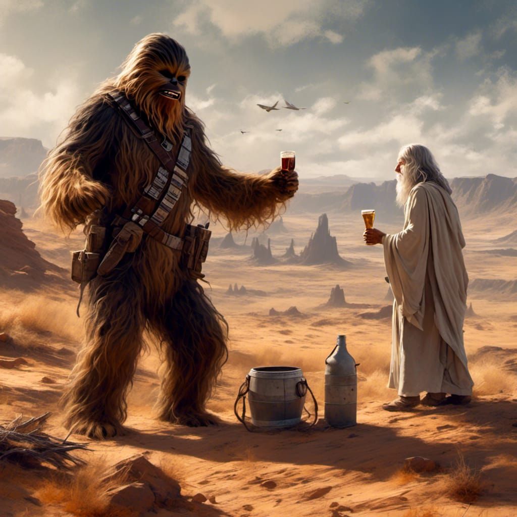 Chewbacca toasting a cold one with Gandalf after a good fight