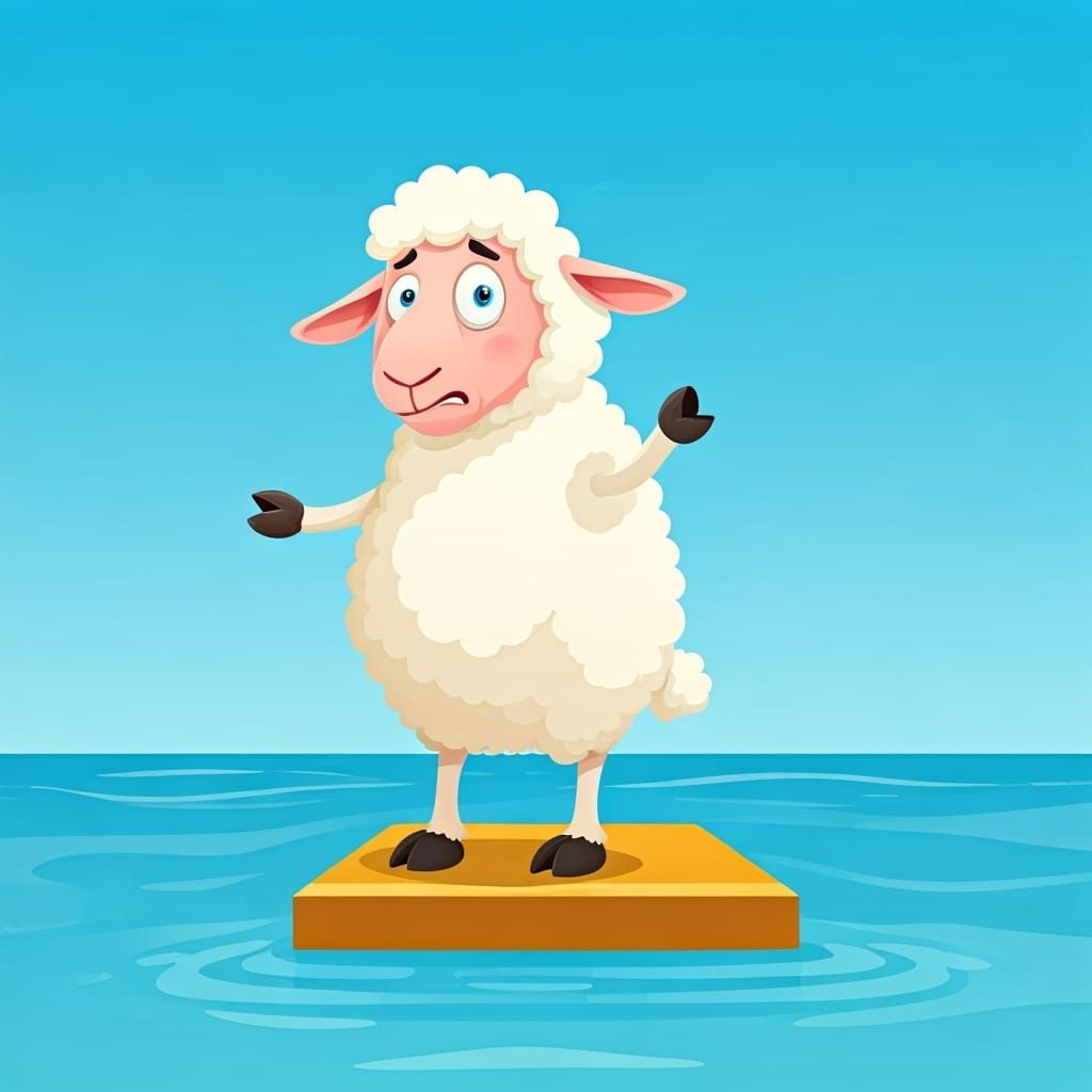 Nervous Cartoon Lamb on Diving Board