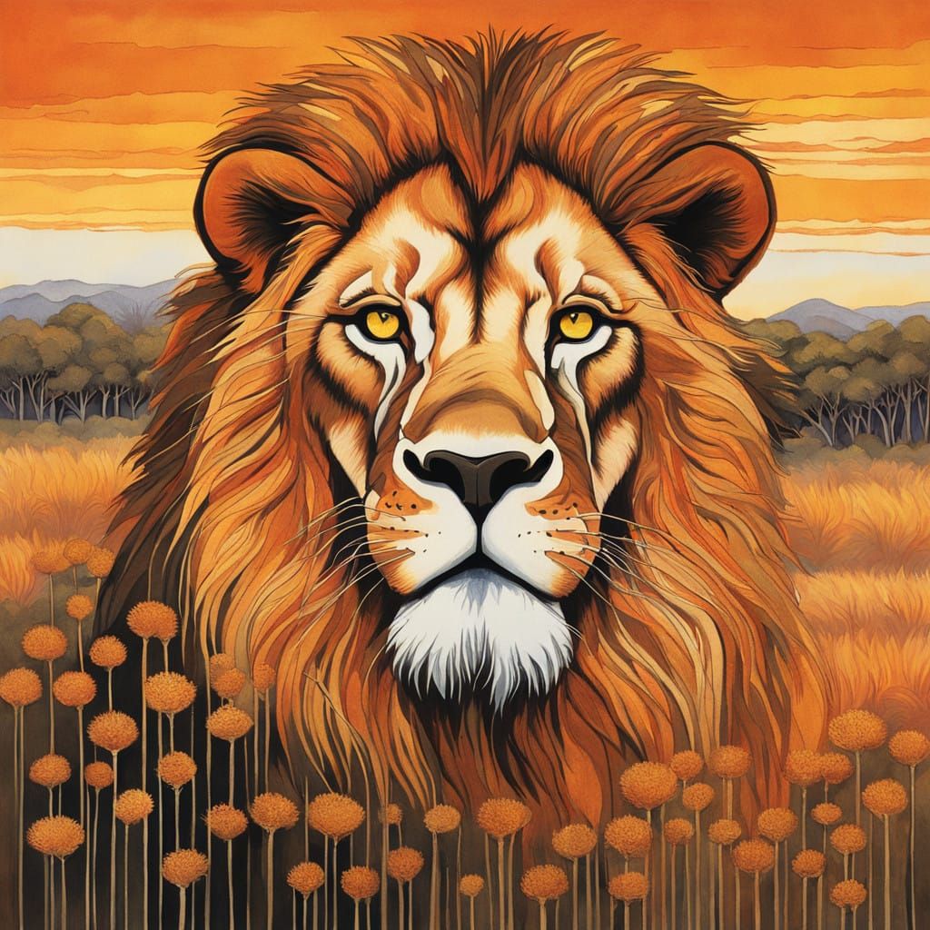Regal Lion in Golden Savannah Landscape