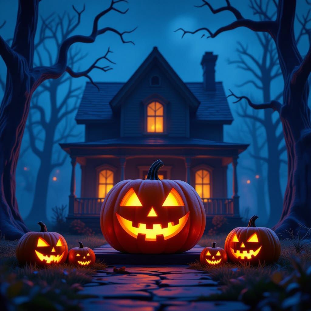 Evil Pumpkin on Haunted Porch in Spooky Forest - 3D Render
