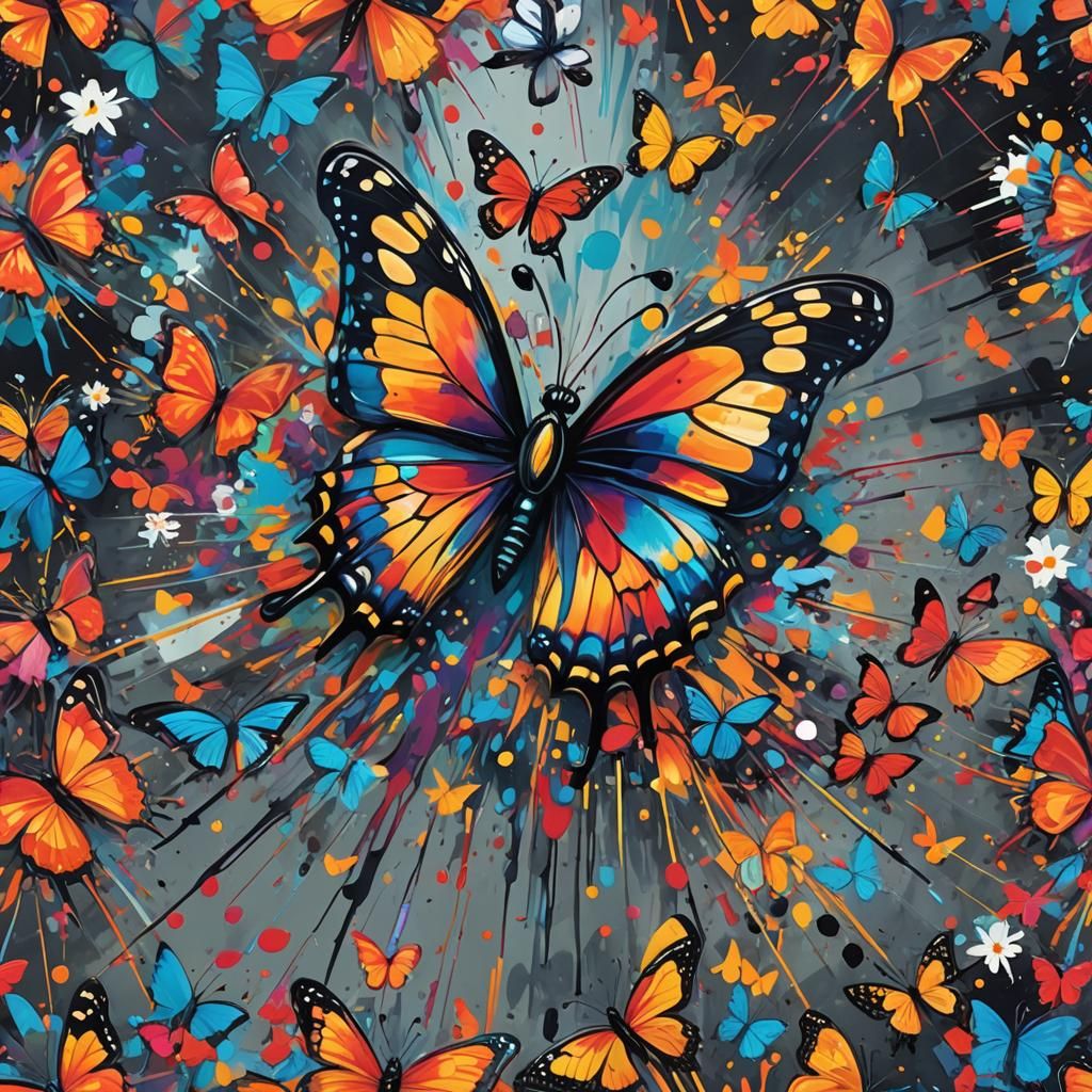 Vibrant Butterfly on Stylized Bloom in Street Art Style