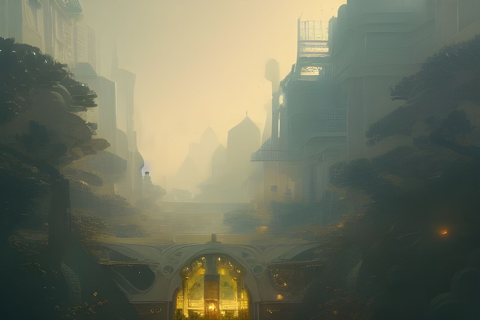 Detailed City Street Concept Art in Art Nouveau Style