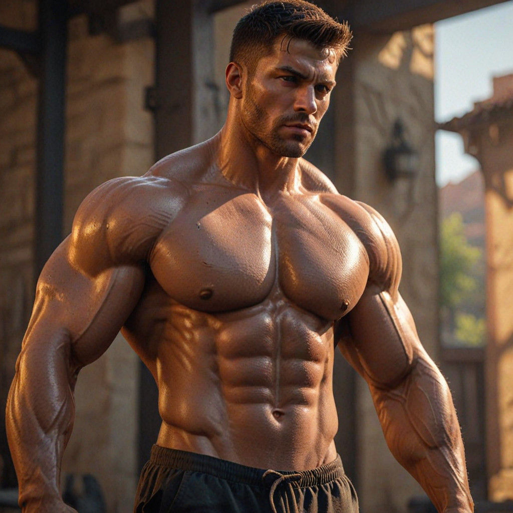 Muscular Fantasy Hero Basks in Sunset Glory