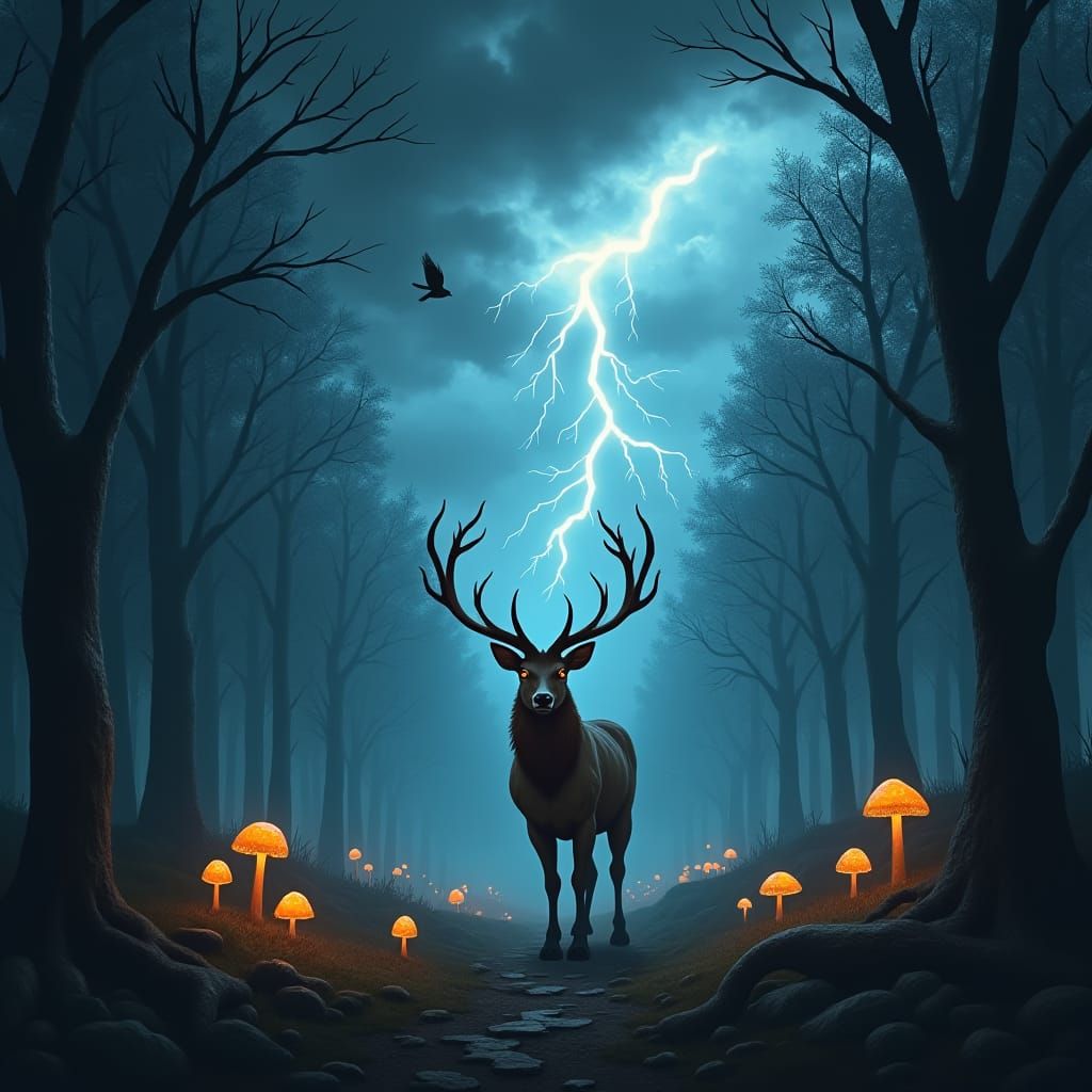 Stag in Stormy Forest Lit by Bioluminescent Fungi