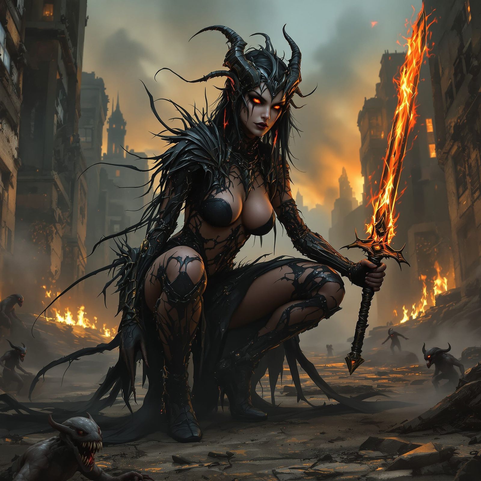 Cruel Demoness Queen in Biomechanical Armor with Burning Swo...