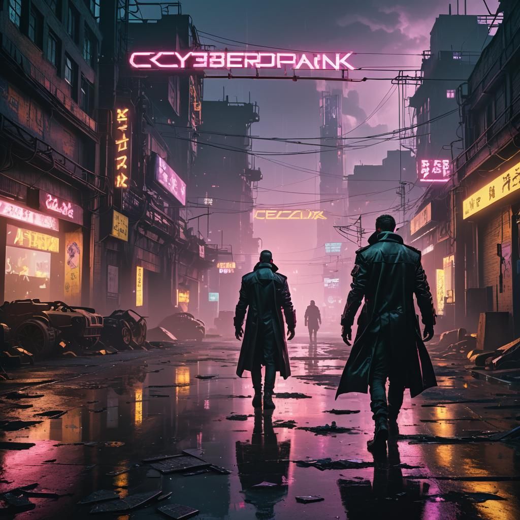 Cyberpunk Wasteland Wanderer in Rainy Neon Cityscape